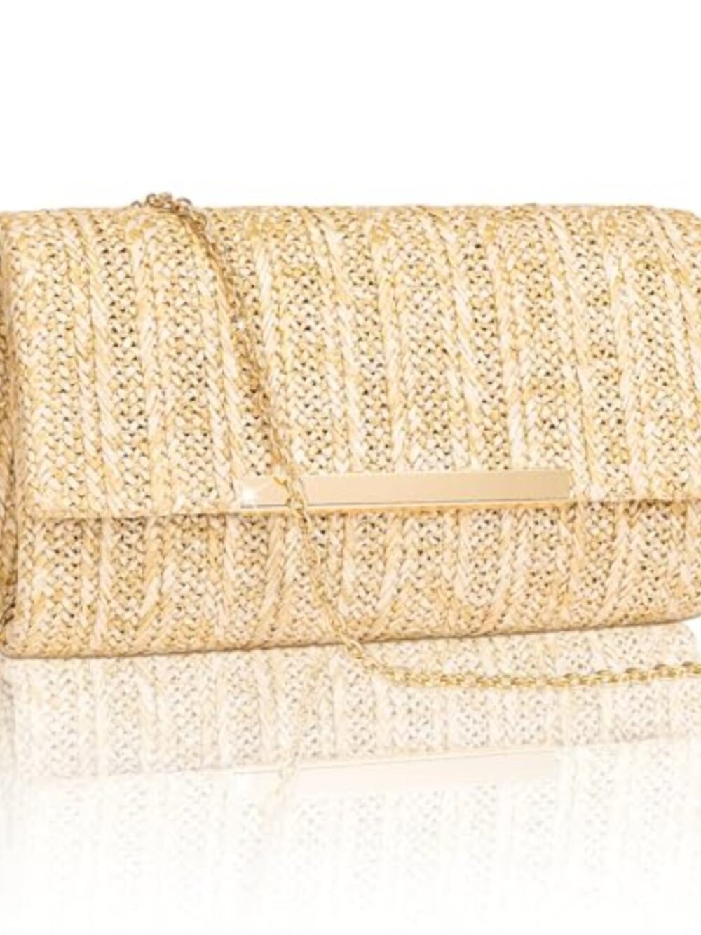 Woven Straw Clutch with Chain Strap Evening Handbag